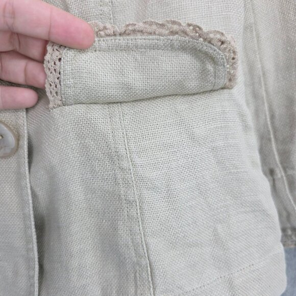Intuitions Cropped Blazer 2 Natural Linen Lace Trim Floral Buttons Cottagecore - Picture 10 of 13